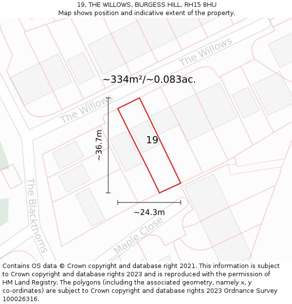 19, THE WILLOWS, BURGESS HILL, RH15 8HU: Plot and title map
