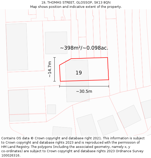 19, THOMAS STREET, GLOSSOP, SK13 8QN: Plot and title map