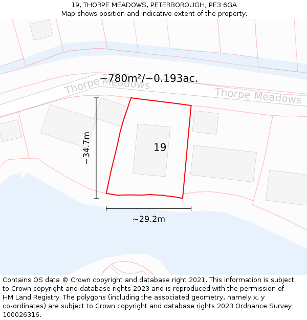 19, THORPE MEADOWS, PETERBOROUGH, PE3 6GA: Plot and title map