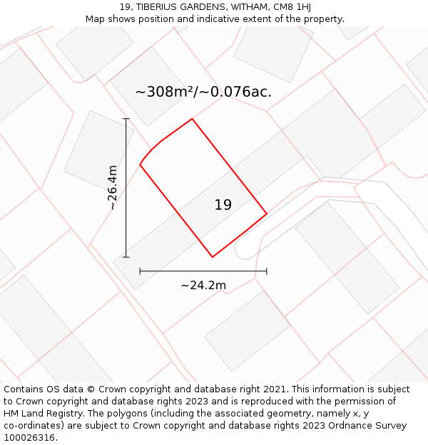 19, TIBERIUS GARDENS, WITHAM, CM8 1HJ: Plot and title map