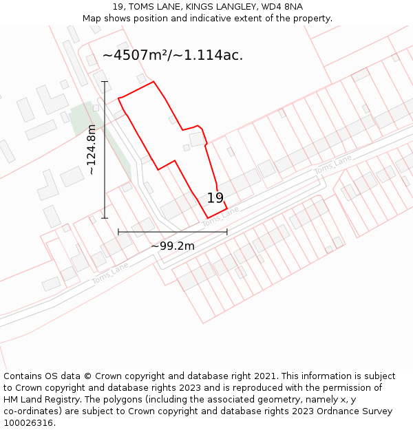 19, TOMS LANE, KINGS LANGLEY, WD4 8NA: Plot and title map