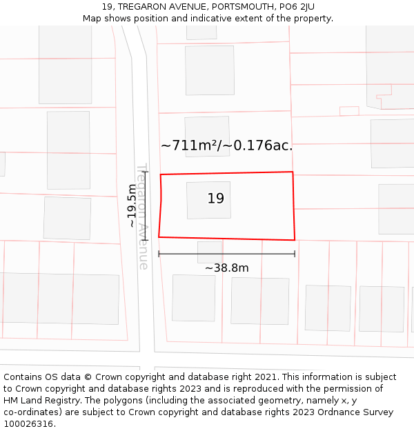 19, TREGARON AVENUE, PORTSMOUTH, PO6 2JU: Plot and title map