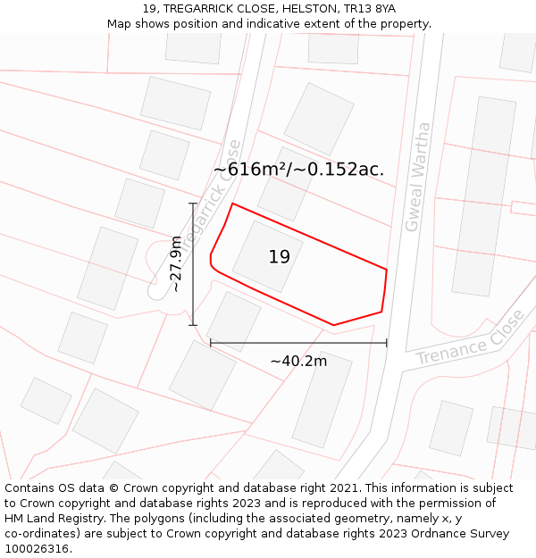 19, TREGARRICK CLOSE, HELSTON, TR13 8YA: Plot and title map