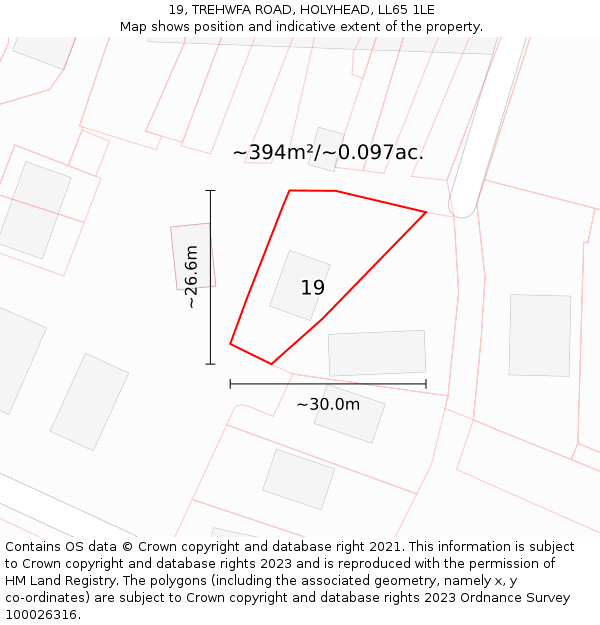 19, TREHWFA ROAD, HOLYHEAD, LL65 1LE: Plot and title map