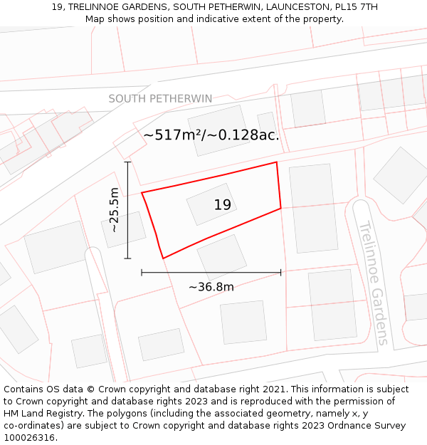 19, TRELINNOE GARDENS, SOUTH PETHERWIN, LAUNCESTON, PL15 7TH: Plot and title map