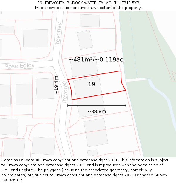 19, TREVONEY, BUDOCK WATER, FALMOUTH, TR11 5XB: Plot and title map
