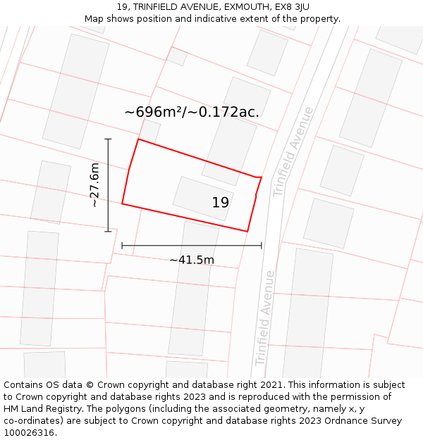 19, TRINFIELD AVENUE, EXMOUTH, EX8 3JU: Plot and title map