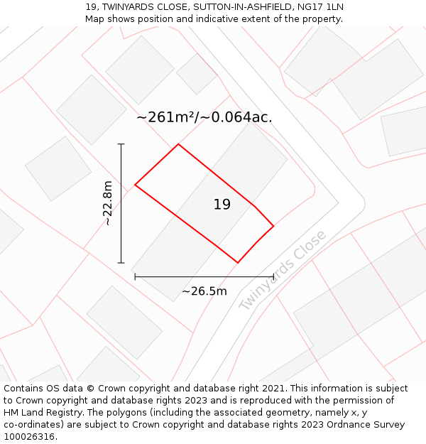 19, TWINYARDS CLOSE, SUTTON-IN-ASHFIELD, NG17 1LN: Plot and title map