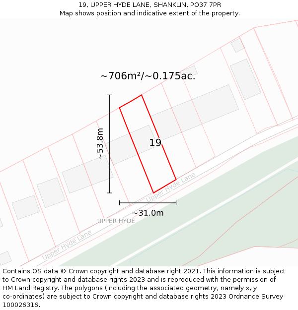 19, UPPER HYDE LANE, SHANKLIN, PO37 7PR: Plot and title map