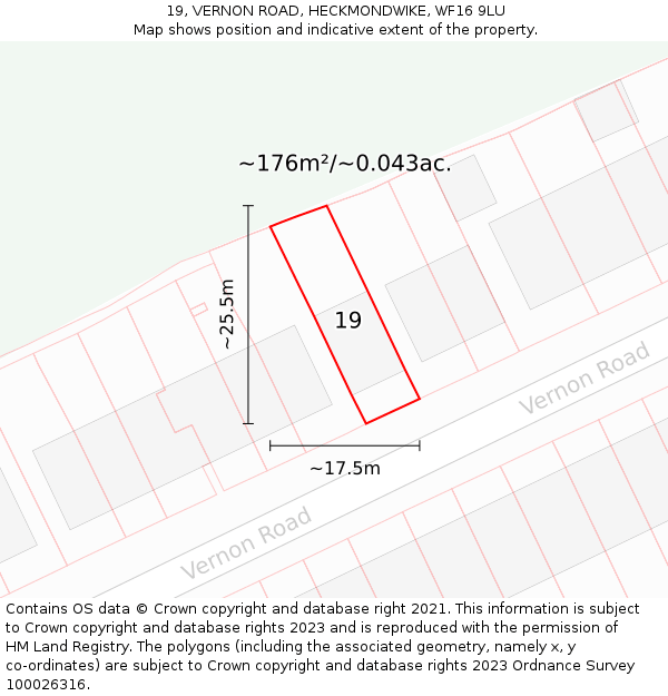 19, VERNON ROAD, HECKMONDWIKE, WF16 9LU: Plot and title map