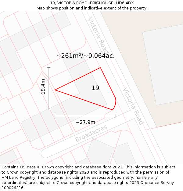 19, VICTORIA ROAD, BRIGHOUSE, HD6 4DX: Plot and title map