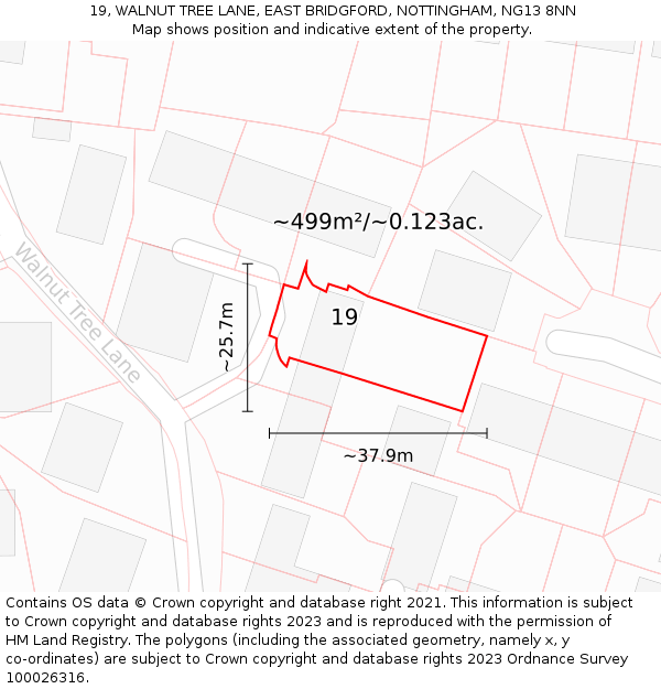 19, WALNUT TREE LANE, EAST BRIDGFORD, NOTTINGHAM, NG13 8NN: Plot and title map