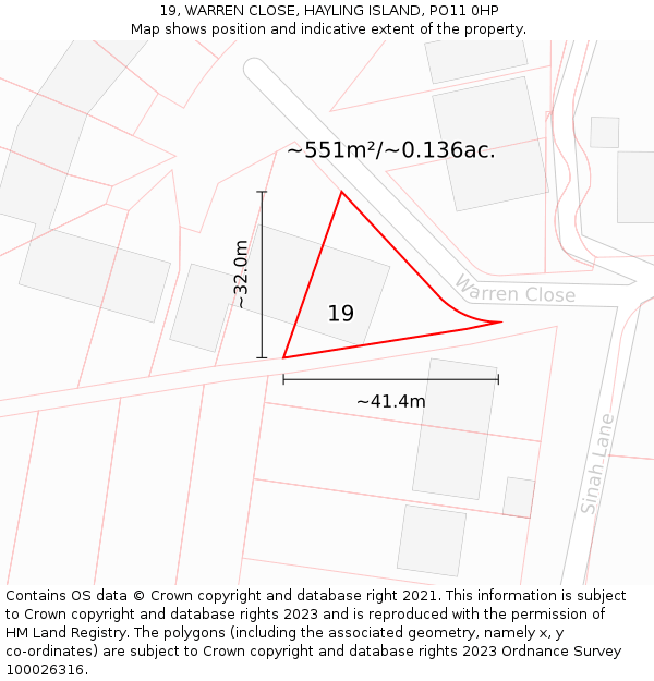 19, WARREN CLOSE, HAYLING ISLAND, PO11 0HP: Plot and title map