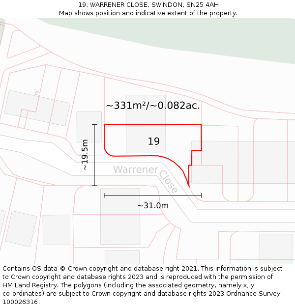 19, WARRENER CLOSE, SWINDON, SN25 4AH: Plot and title map