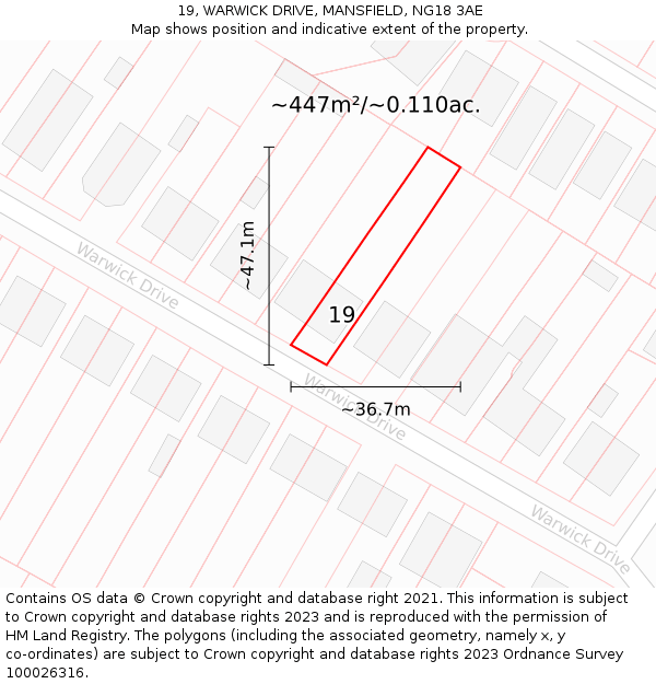 19, WARWICK DRIVE, MANSFIELD, NG18 3AE: Plot and title map