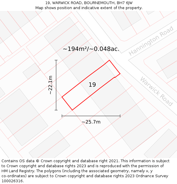 19, WARWICK ROAD, BOURNEMOUTH, BH7 6JW: Plot and title map