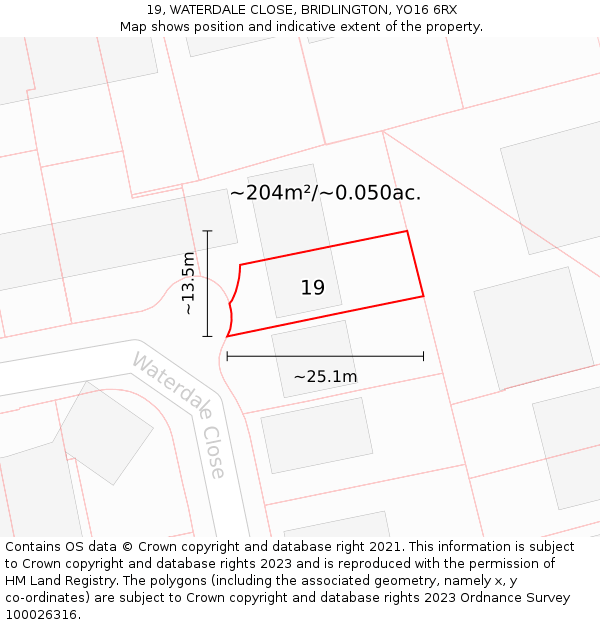 19, WATERDALE CLOSE, BRIDLINGTON, YO16 6RX: Plot and title map
