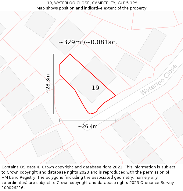 19, WATERLOO CLOSE, CAMBERLEY, GU15 1PY: Plot and title map