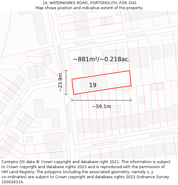 19, WATERWORKS ROAD, PORTSMOUTH, PO6 1NG: Plot and title map