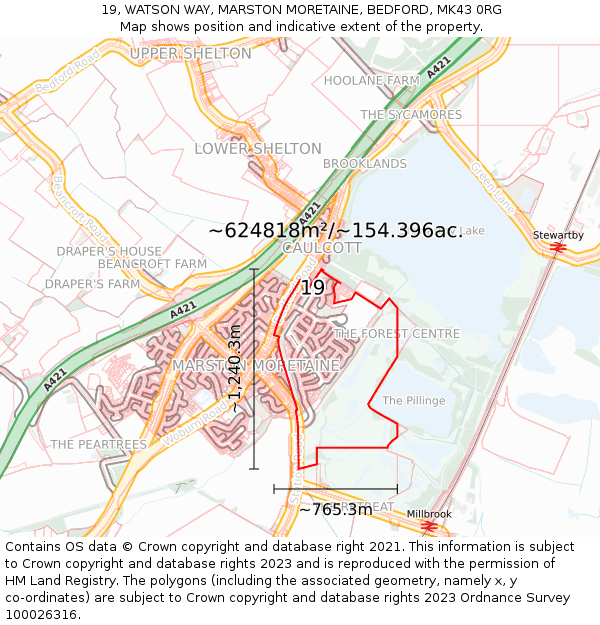 19, WATSON WAY, MARSTON MORETAINE, BEDFORD, MK43 0RG: Plot and title map