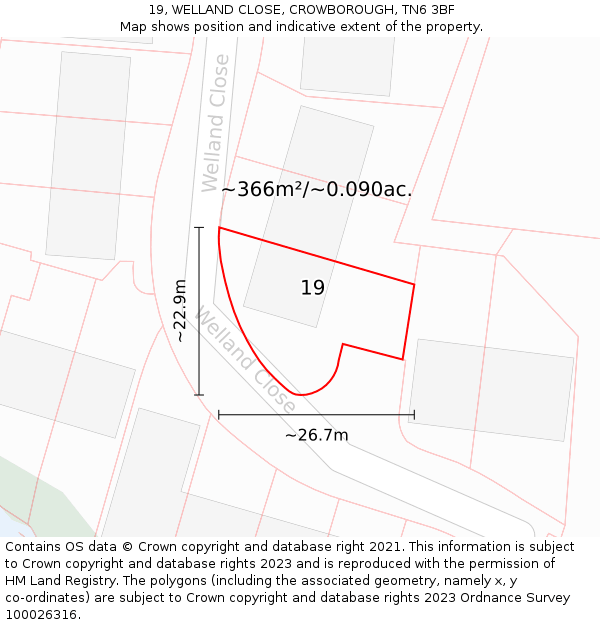 19, WELLAND CLOSE, CROWBOROUGH, TN6 3BF: Plot and title map
