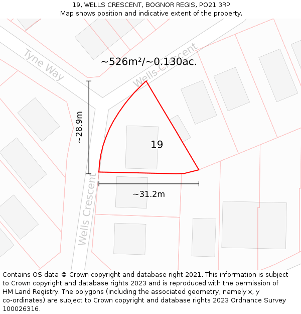 19, WELLS CRESCENT, BOGNOR REGIS, PO21 3RP: Plot and title map