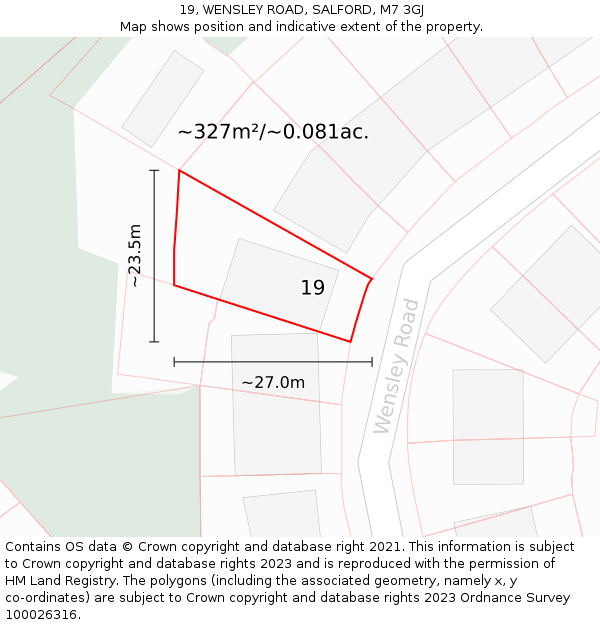 19, WENSLEY ROAD, SALFORD, M7 3GJ: Plot and title map