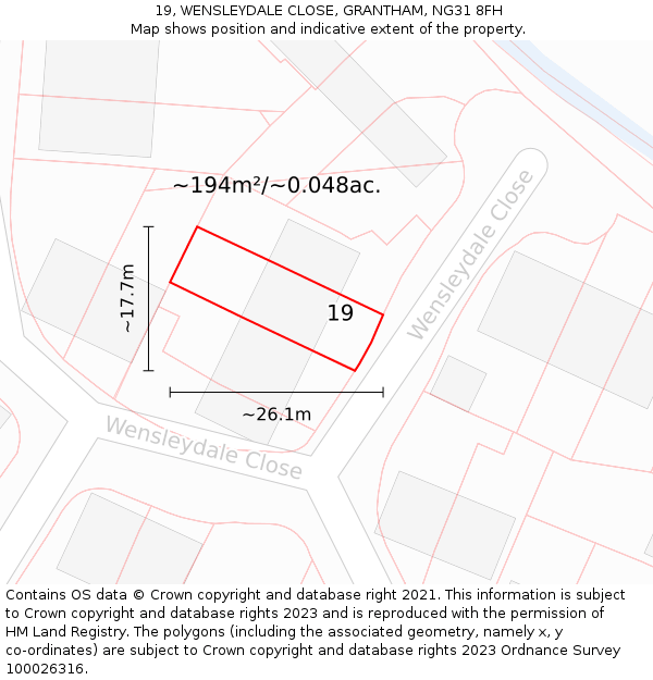 19, WENSLEYDALE CLOSE, GRANTHAM, NG31 8FH: Plot and title map