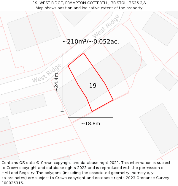 19, WEST RIDGE, FRAMPTON COTTERELL, BRISTOL, BS36 2JA: Plot and title map