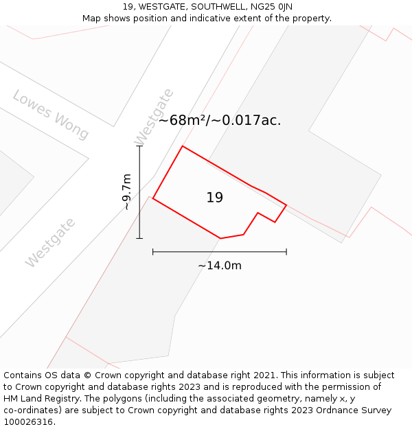 19, WESTGATE, SOUTHWELL, NG25 0JN: Plot and title map