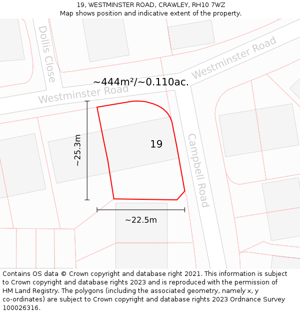 19, WESTMINSTER ROAD, CRAWLEY, RH10 7WZ: Plot and title map