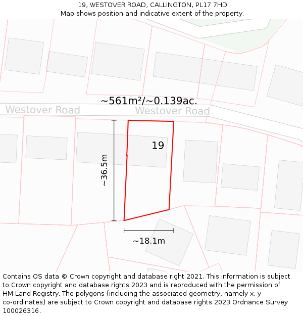 19, WESTOVER ROAD, CALLINGTON, PL17 7HD: Plot and title map