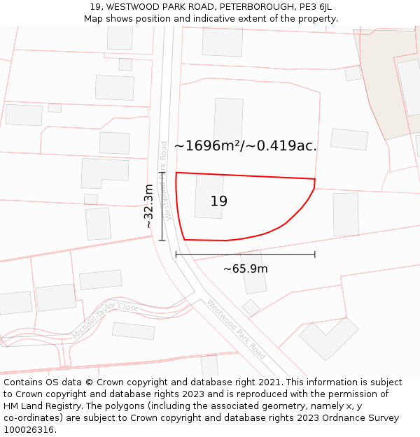 19, WESTWOOD PARK ROAD, PETERBOROUGH, PE3 6JL: Plot and title map