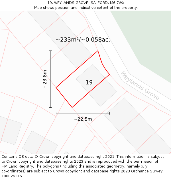 19, WEYLANDS GROVE, SALFORD, M6 7WX: Plot and title map