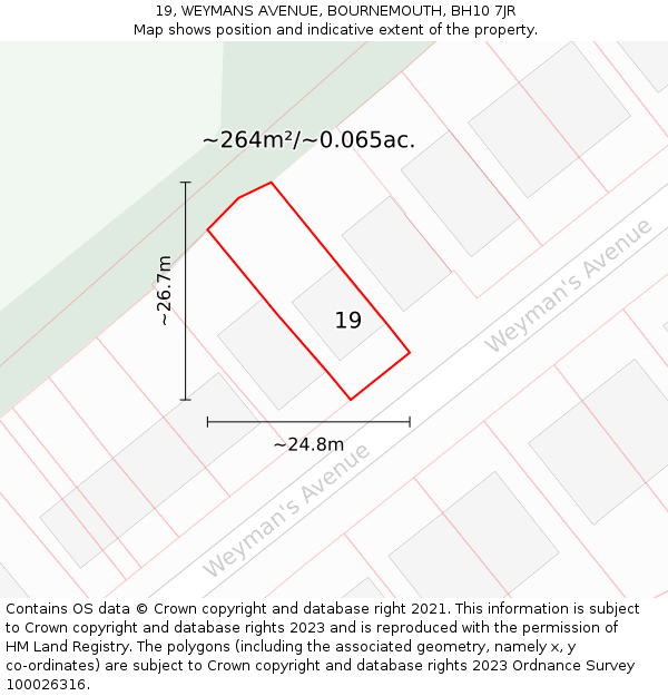 19, WEYMANS AVENUE, BOURNEMOUTH, BH10 7JR: Plot and title map