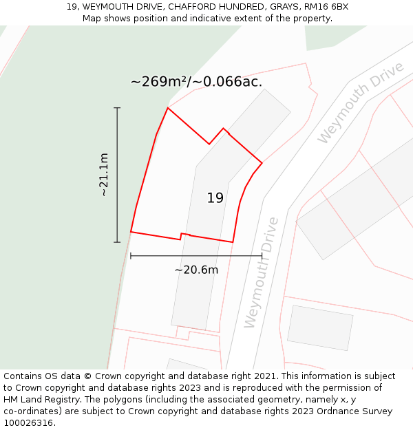 19, WEYMOUTH DRIVE, CHAFFORD HUNDRED, GRAYS, RM16 6BX: Plot and title map