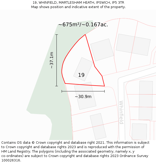 19, WHINFIELD, MARTLESHAM HEATH, IPSWICH, IP5 3TR: Plot and title map