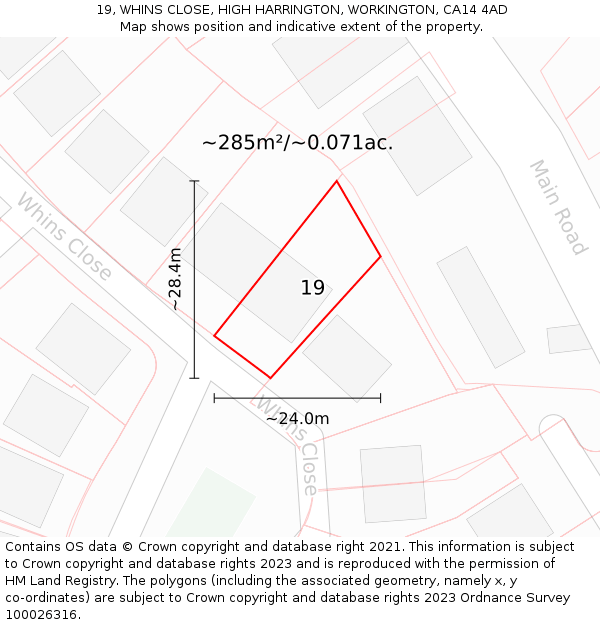 19, WHINS CLOSE, HIGH HARRINGTON, WORKINGTON, CA14 4AD: Plot and title map