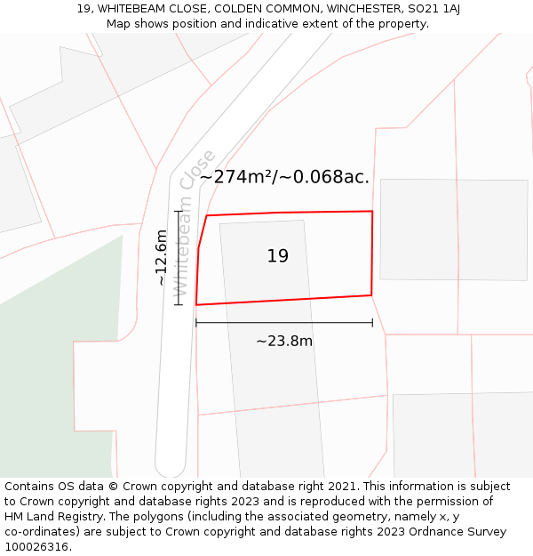 19, WHITEBEAM CLOSE, COLDEN COMMON, WINCHESTER, SO21 1AJ: Plot and title map