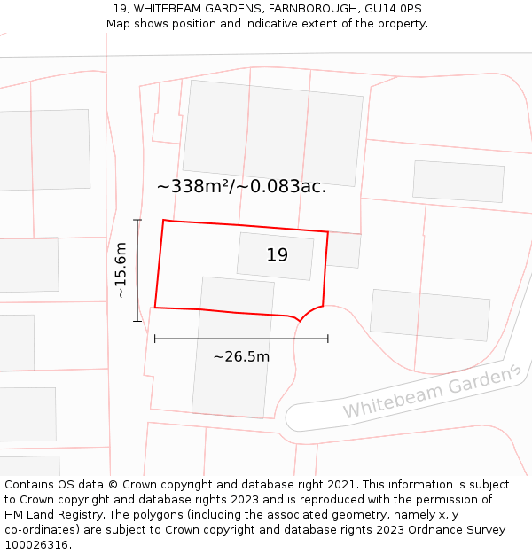 19, WHITEBEAM GARDENS, FARNBOROUGH, GU14 0PS: Plot and title map
