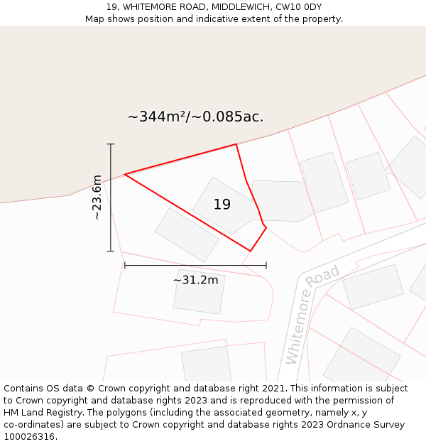 19, WHITEMORE ROAD, MIDDLEWICH, CW10 0DY: Plot and title map