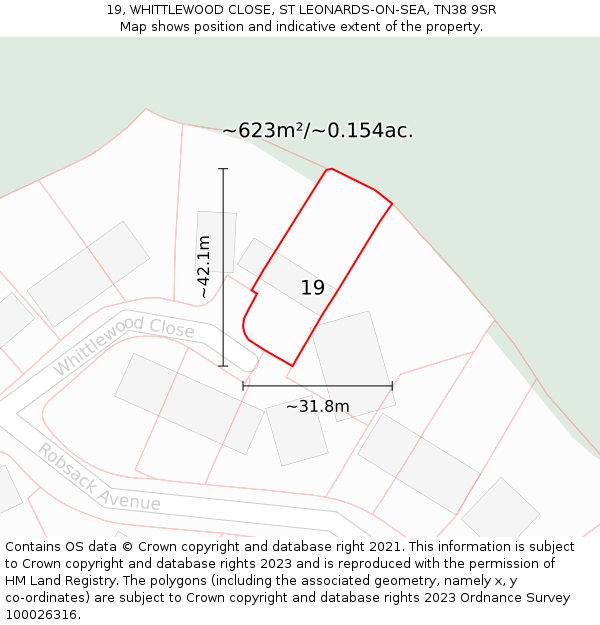 19, WHITTLEWOOD CLOSE, ST LEONARDS-ON-SEA, TN38 9SR: Plot and title map