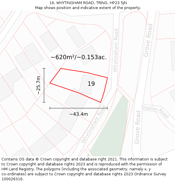 19, WHYTINGHAM ROAD, TRING, HP23 5JN: Plot and title map