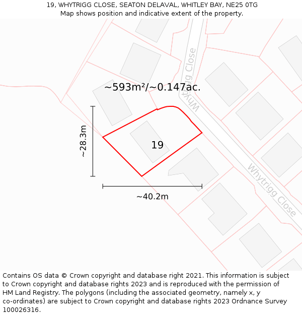 19, WHYTRIGG CLOSE, SEATON DELAVAL, WHITLEY BAY, NE25 0TG: Plot and title map