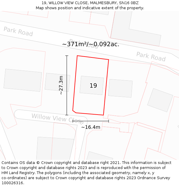 19, WILLOW VIEW CLOSE, MALMESBURY, SN16 0BZ: Plot and title map