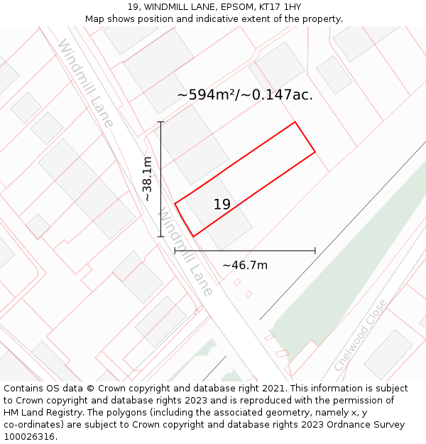 19, WINDMILL LANE, EPSOM, KT17 1HY: Plot and title map
