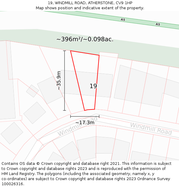 19, WINDMILL ROAD, ATHERSTONE, CV9 1HP: Plot and title map