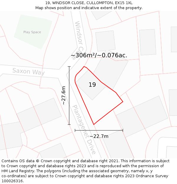 19, WINDSOR CLOSE, CULLOMPTON, EX15 1XL: Plot and title map