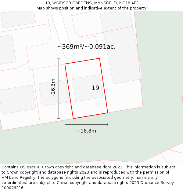 19, WINDSOR GARDENS, MANSFIELD, NG18 4EE: Plot and title map