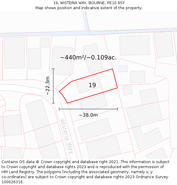 19, WISTERIA WAY, BOURNE, PE10 9SY: Plot and title map